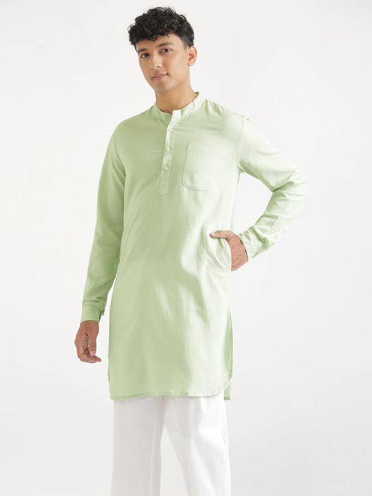 Men Mint Green Flowy Linen Long Kurta