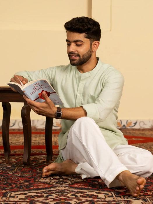 Men Mint Green Flowy Linen Long Kurta