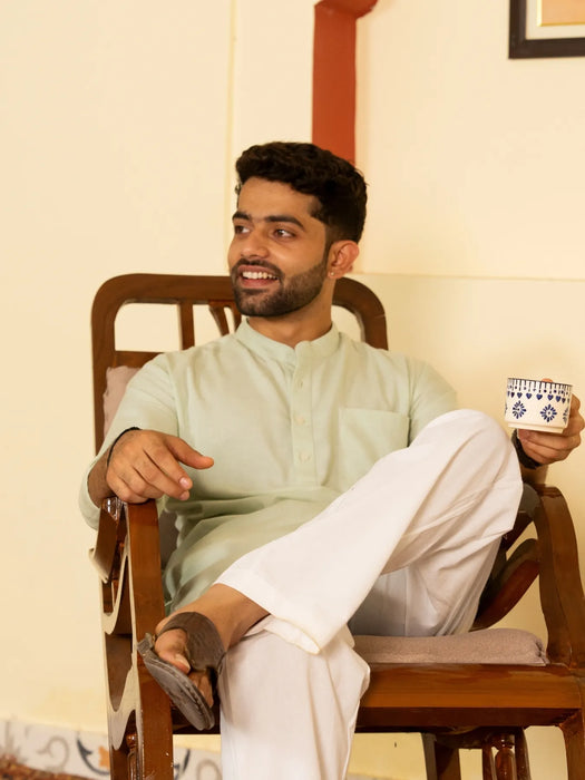 Men Mint Green Flowy Linen Long Kurta