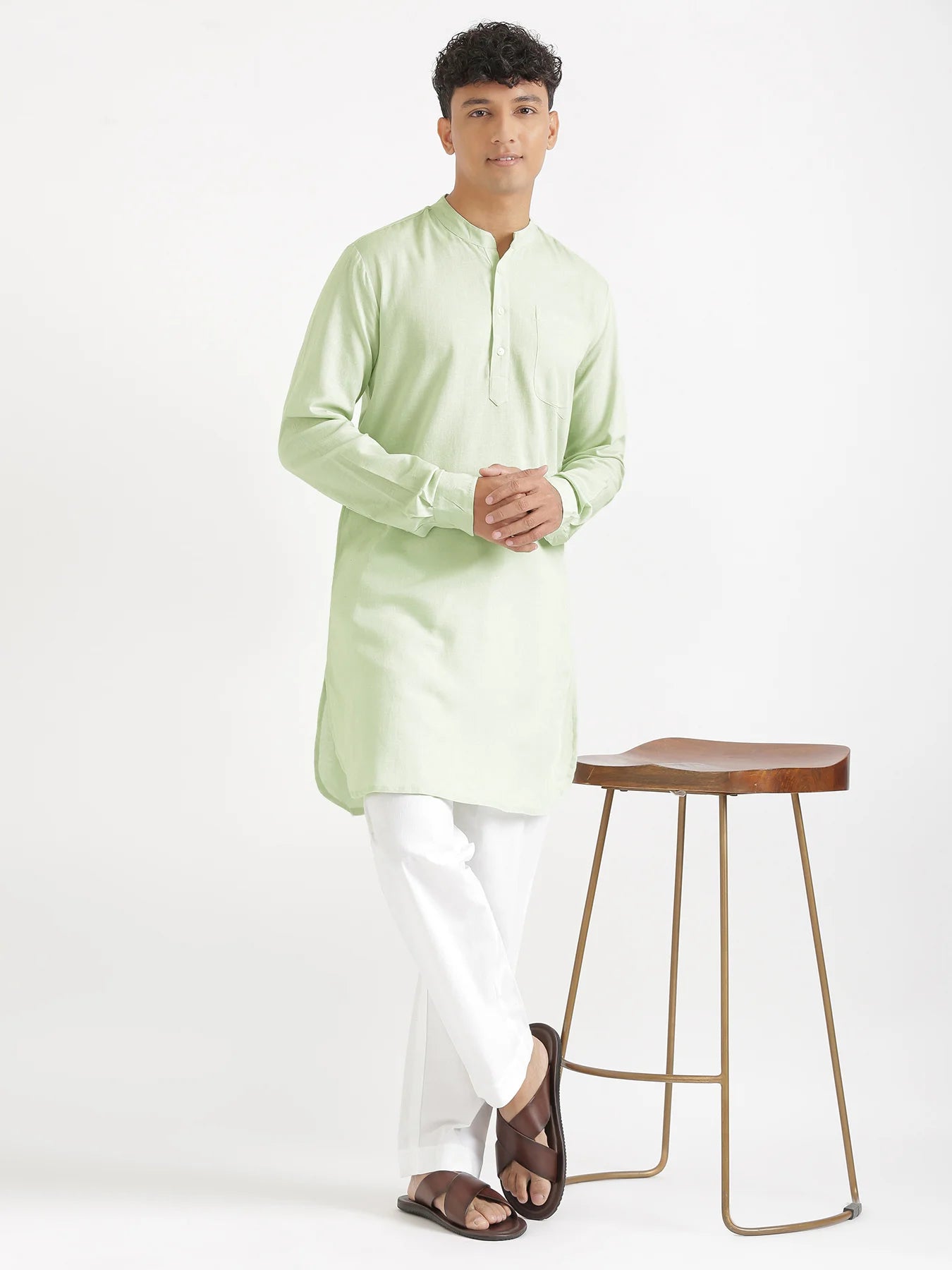 Men Mint Green Flowy Linen Long Kurta