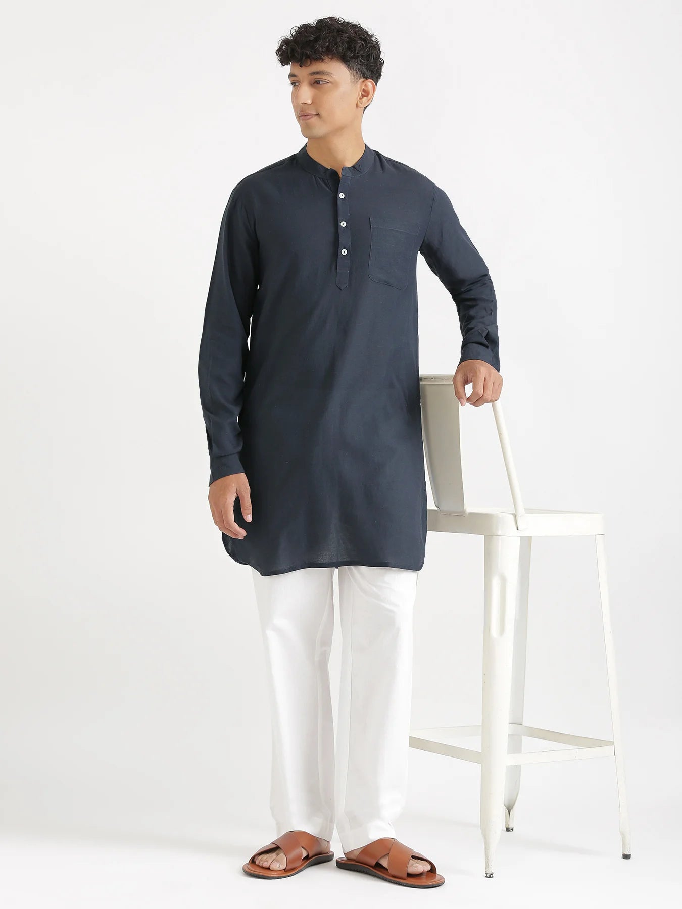 Men Navy Blue Flowy Linen Long Kurta