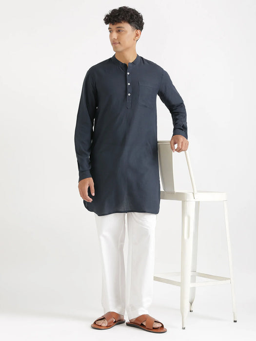 Men Navy Blue Flowy Linen Long Kurta