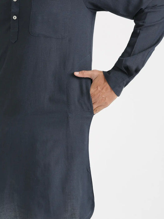 Men Navy Blue Flowy Linen Long Kurta