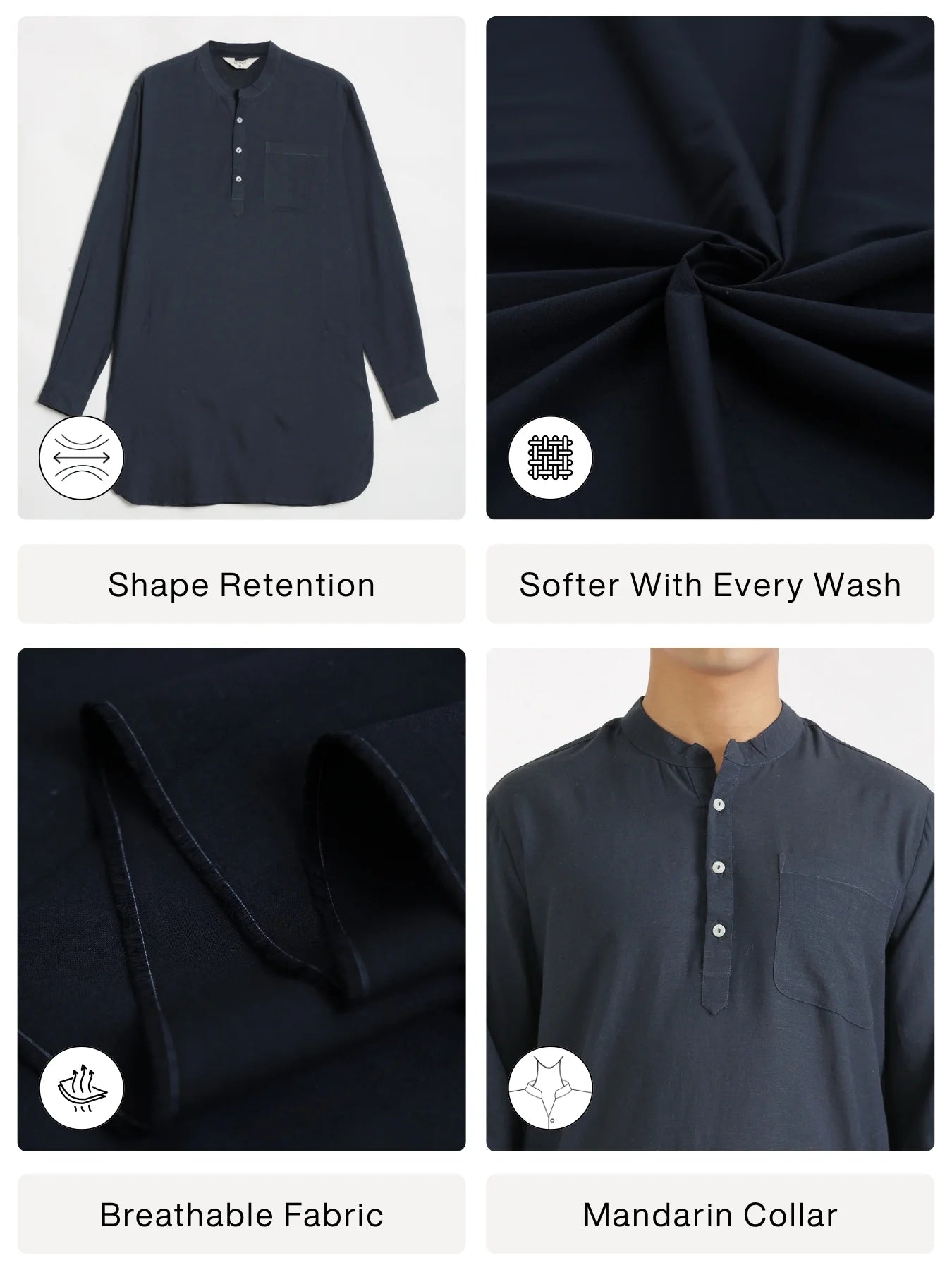 Men Navy Blue Flowy Linen Long Kurta