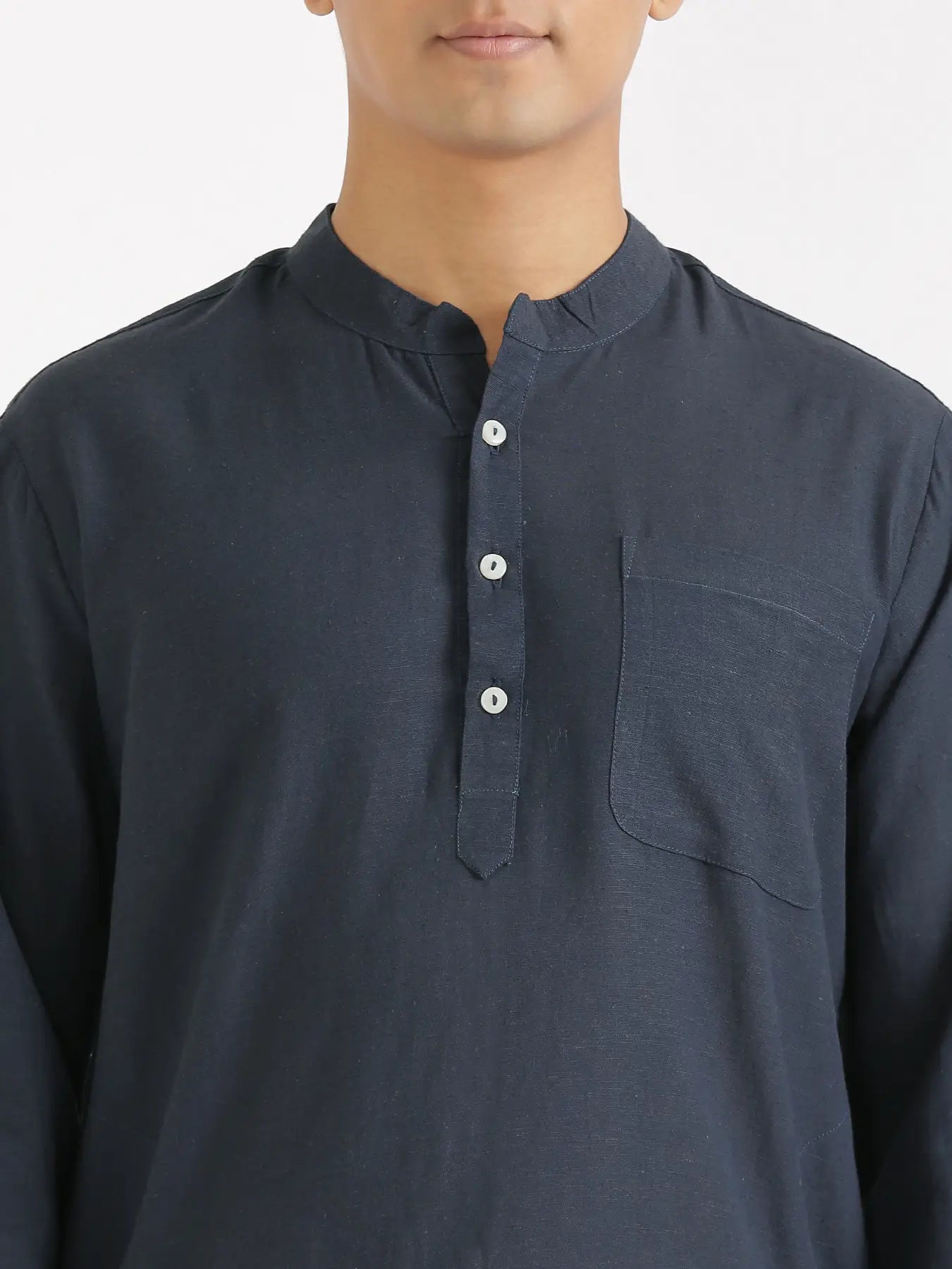Men Navy Blue Flowy Linen Long Kurta