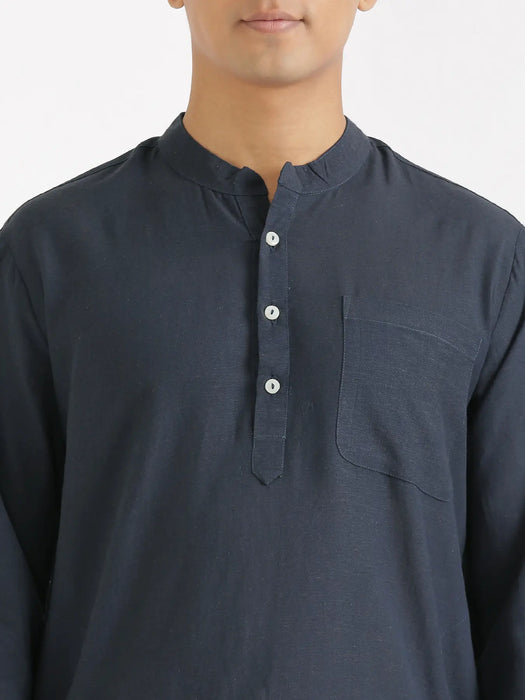 Men Navy Blue Flowy Linen Long Kurta