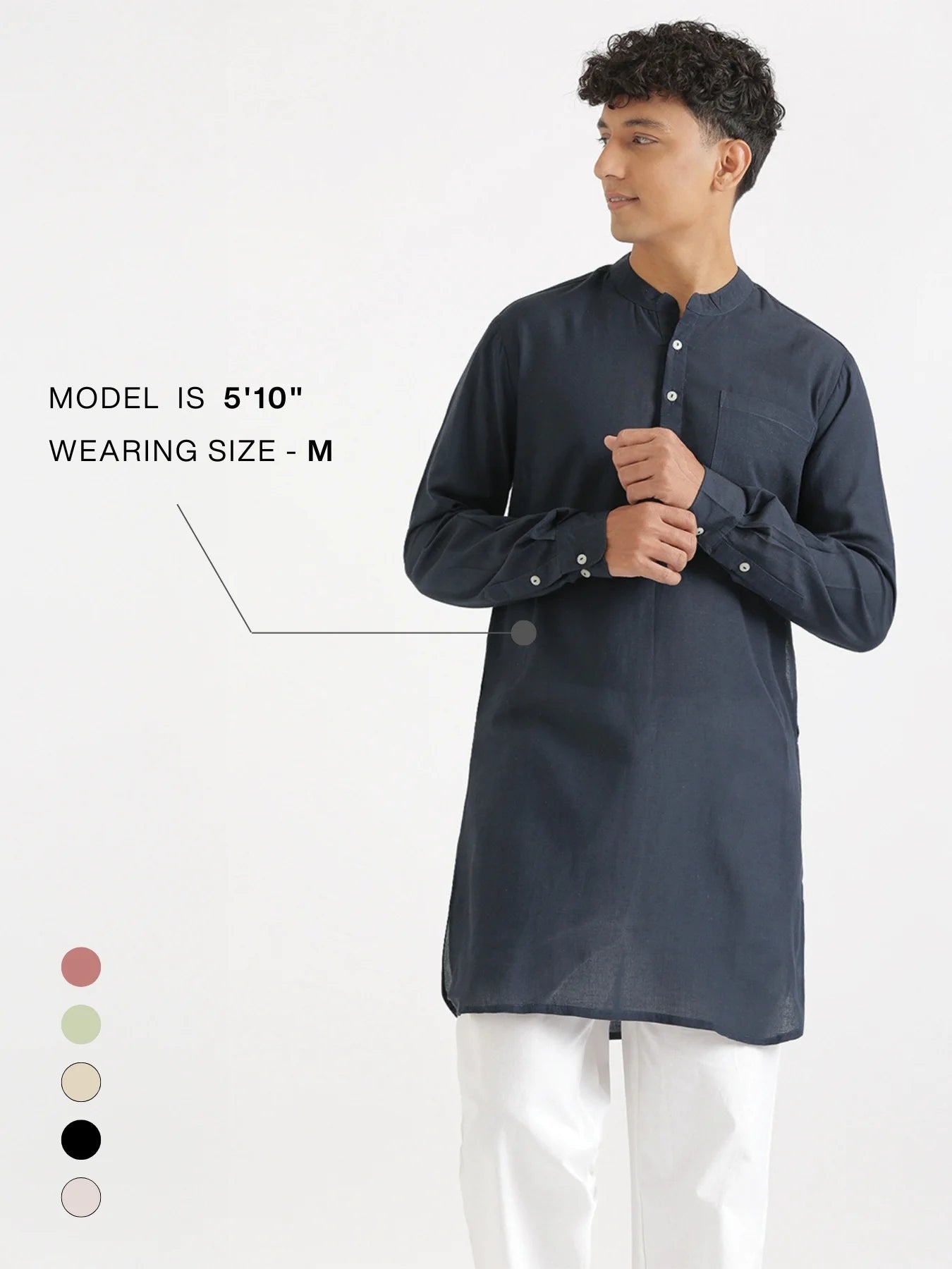 Men Navy Blue Flowy Linen Long Kurta