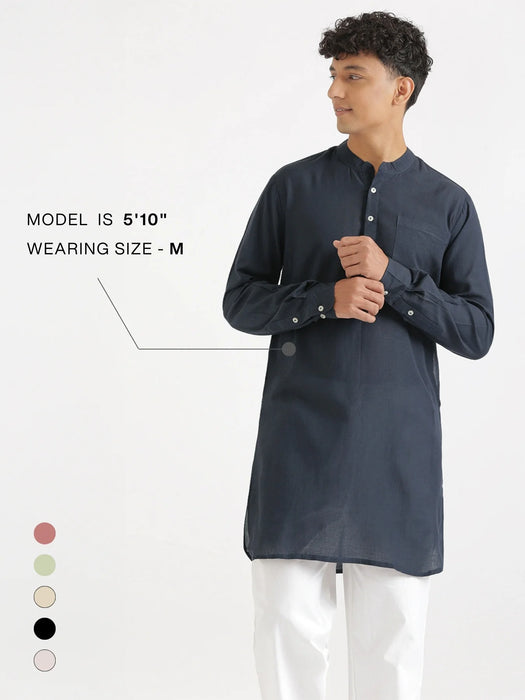 Men Navy Blue Flowy Linen Long Kurta
