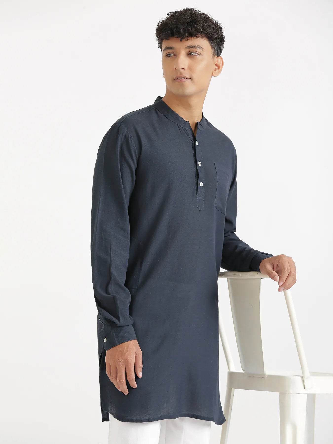 Men Navy Blue Flowy Linen Long Kurta