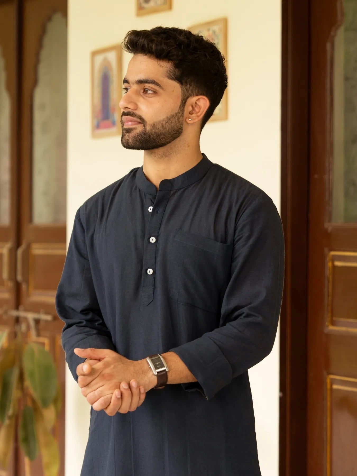 Men Navy Blue Flowy Linen Long Kurta