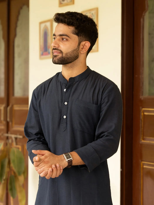 Men Navy Blue Flowy Linen Long Kurta