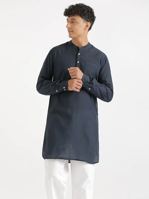 Men Navy Blue Flowy Linen Long Kurta