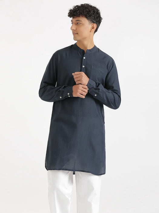 Men Navy Blue Flowy Linen Long Kurta