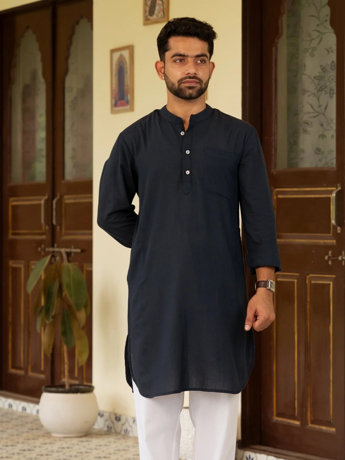 Men Navy Blue Flowy Linen Long Kurta
