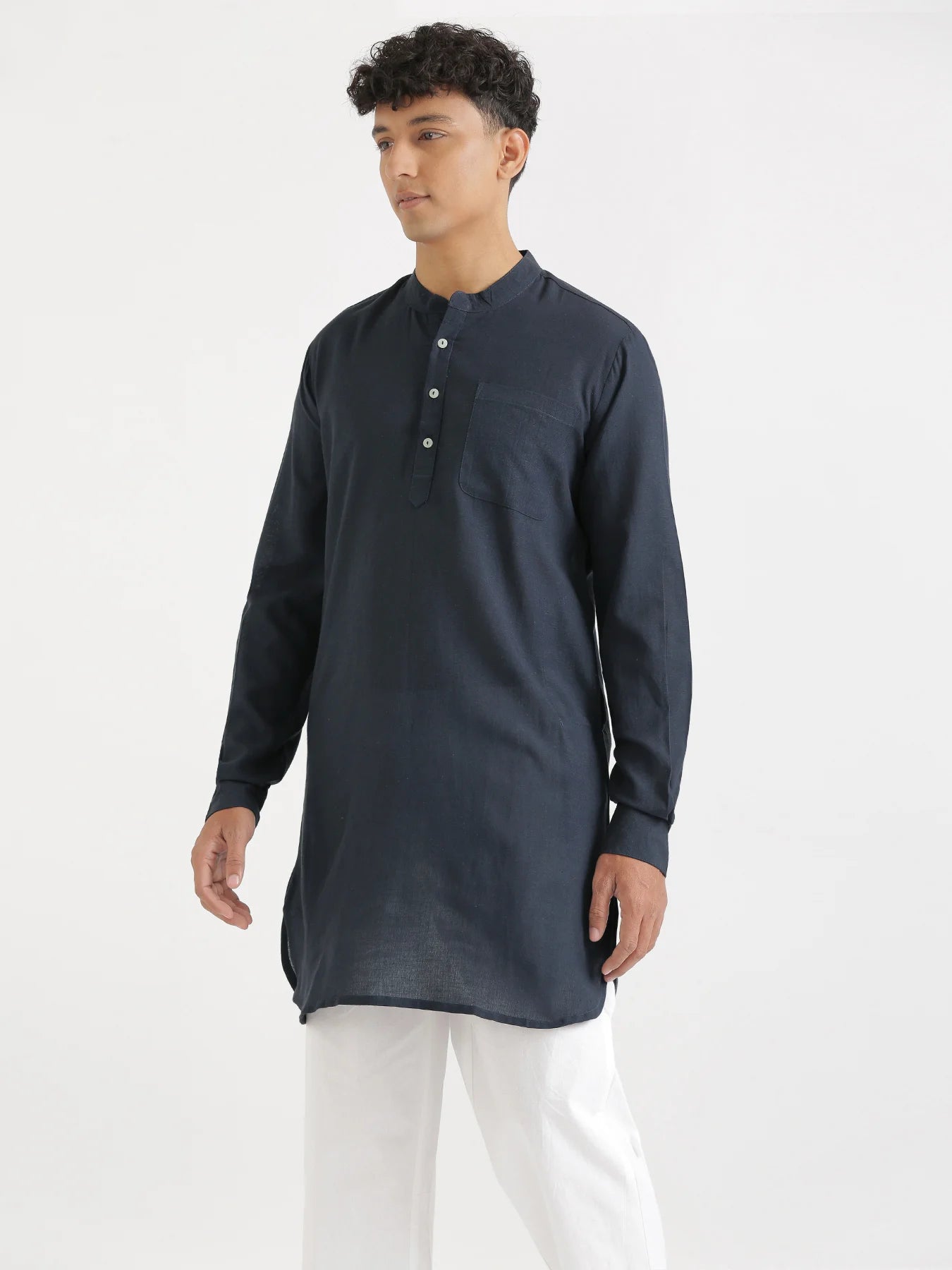 Men Navy Blue Flowy Linen Long Kurta