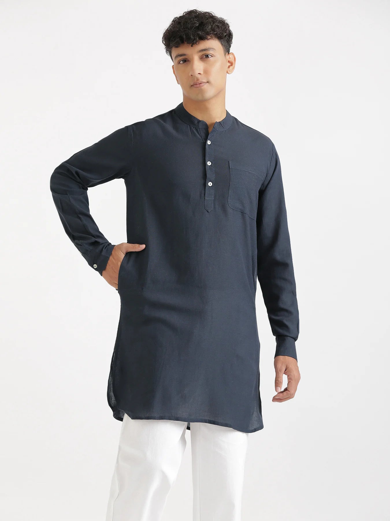 Men Navy Blue Flowy Linen Long Kurta
