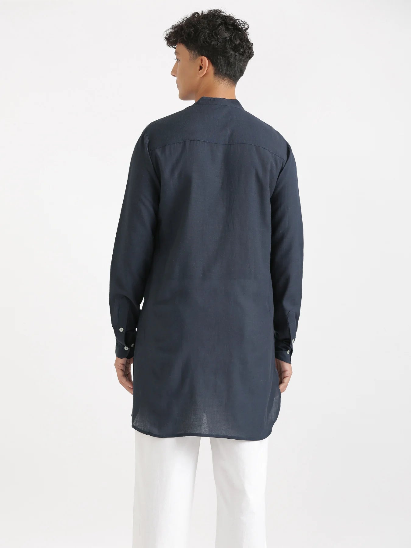 Men Navy Blue Flowy Linen Long Kurta