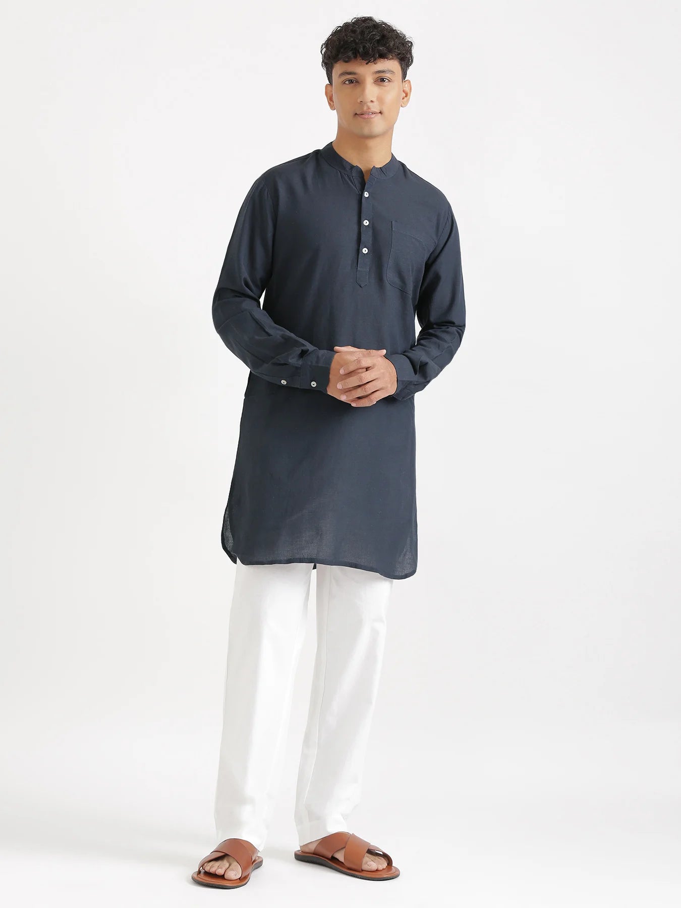 Men Navy Blue Flowy Linen Long Kurta