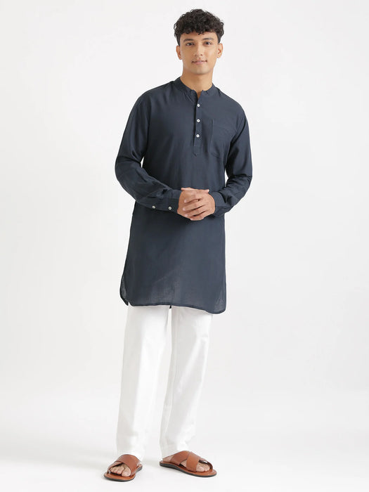 Men Navy Blue Flowy Linen Long Kurta