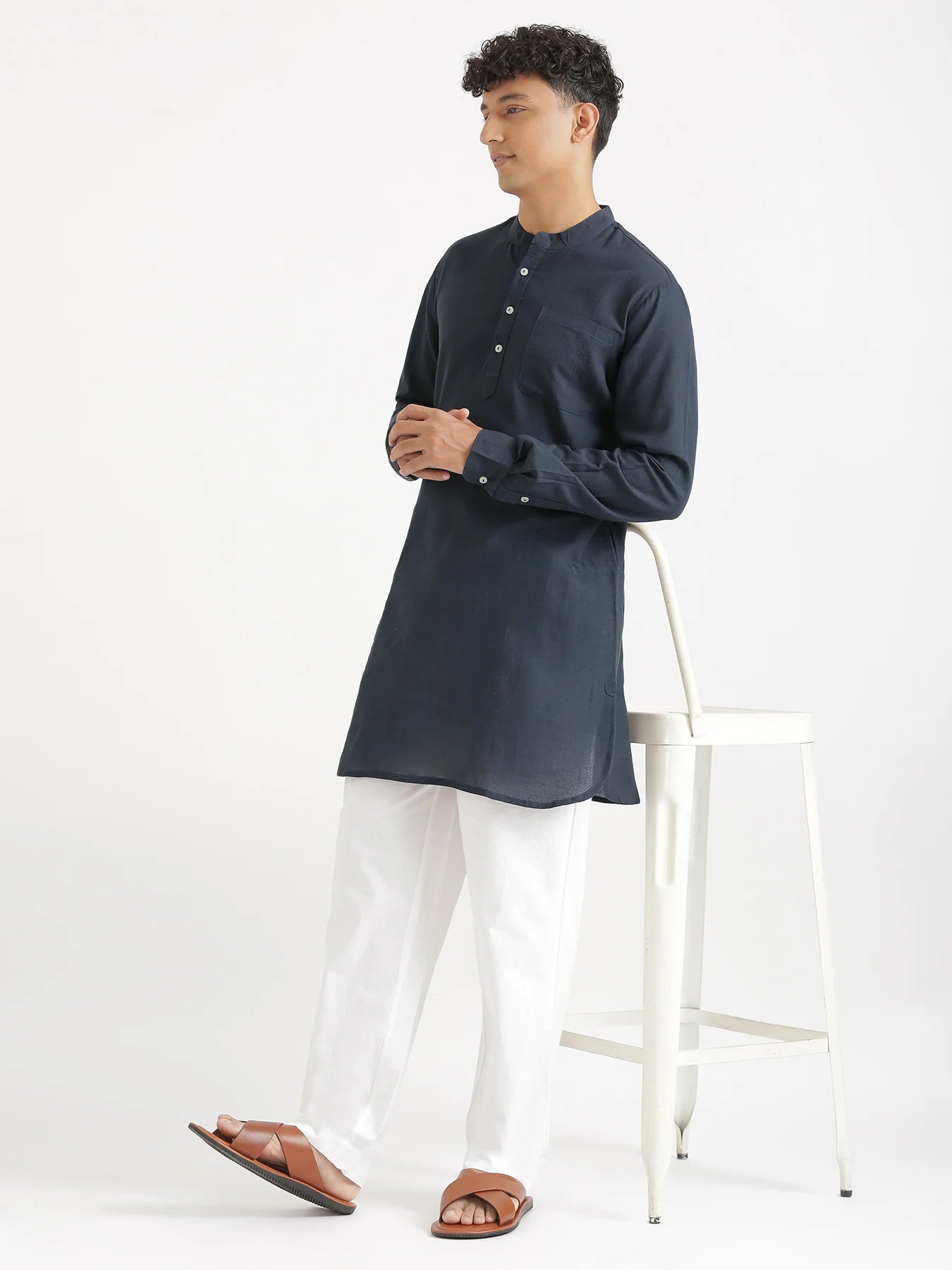 Men Navy Blue Flowy Linen Long Kurta