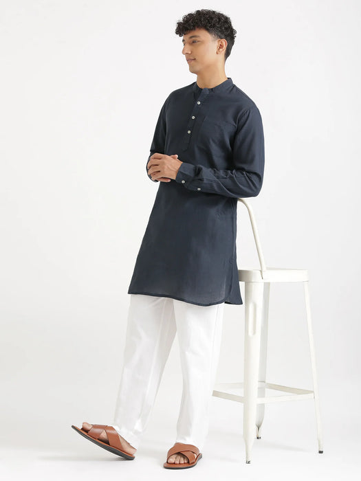 Men Navy Blue Flowy Linen Long Kurta