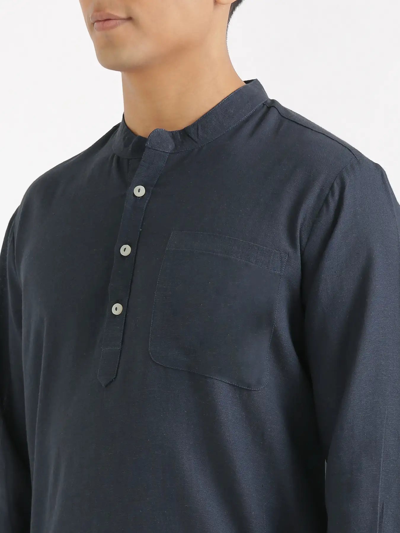 Men Navy Blue Flowy Linen Long Kurta