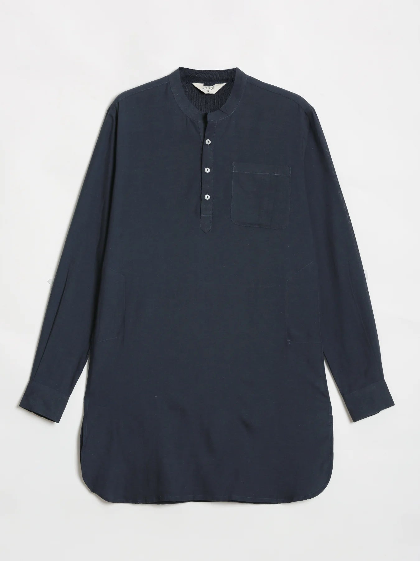 Men Navy Blue Flowy Linen Long Kurta