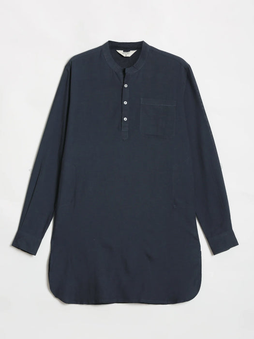 Men Navy Blue Flowy Linen Long Kurta