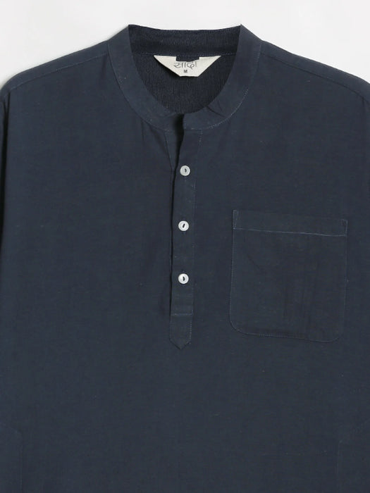 Men Navy Blue Flowy Linen Long Kurta