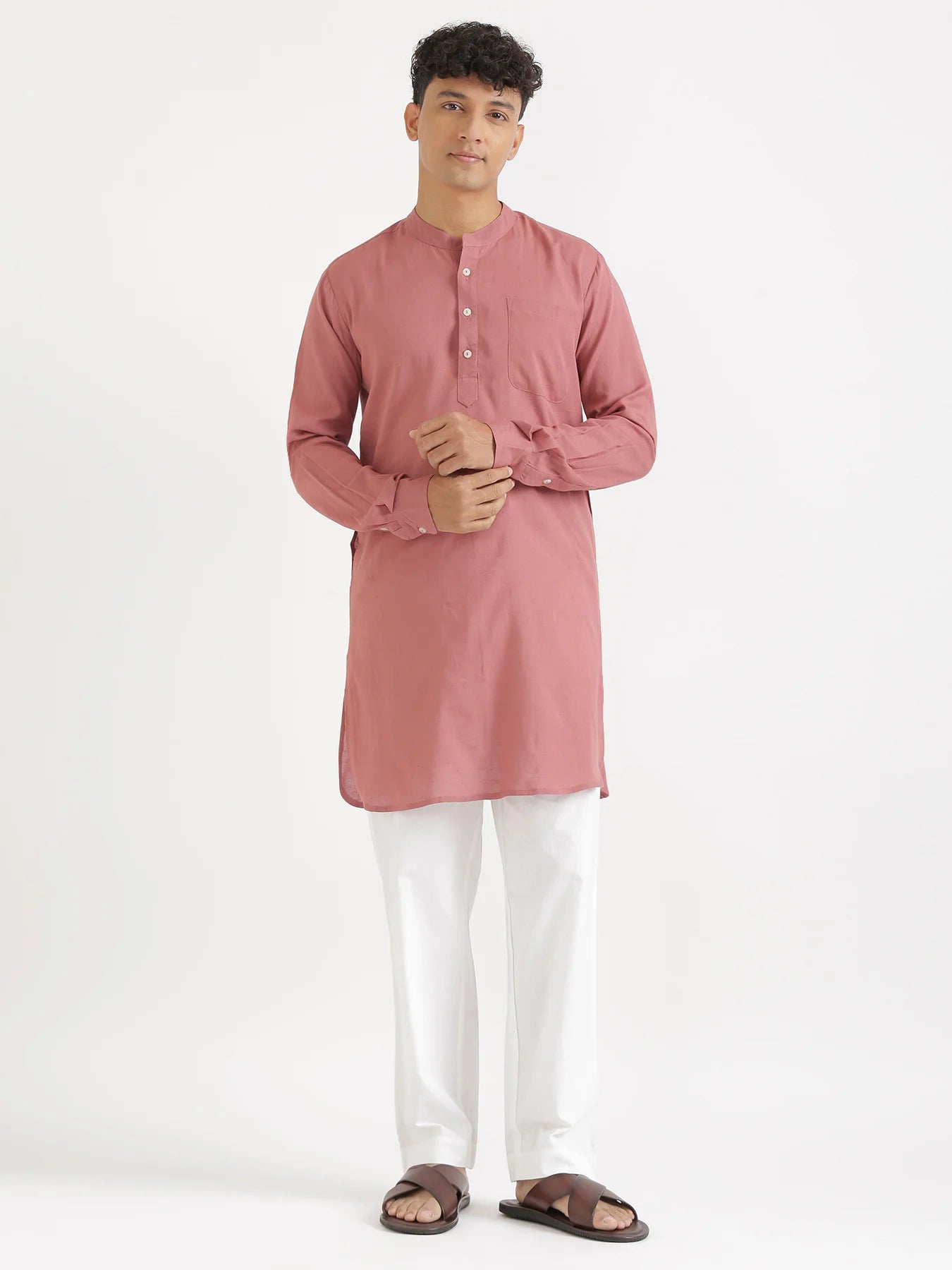 Men Rose Taupe Flowy Linen Long Kurta