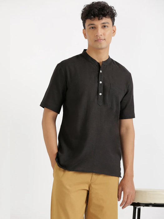 Men Flowy Linen Half Sleeve Black Kurta