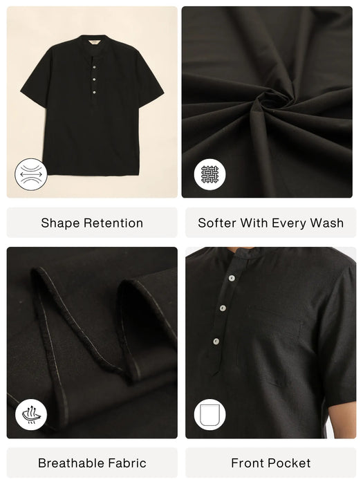 Men Flowy Linen Half Sleeve Black Kurta