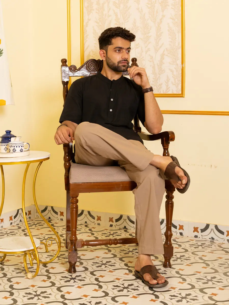 Men Flowy Linen Half Sleeve Black Kurta