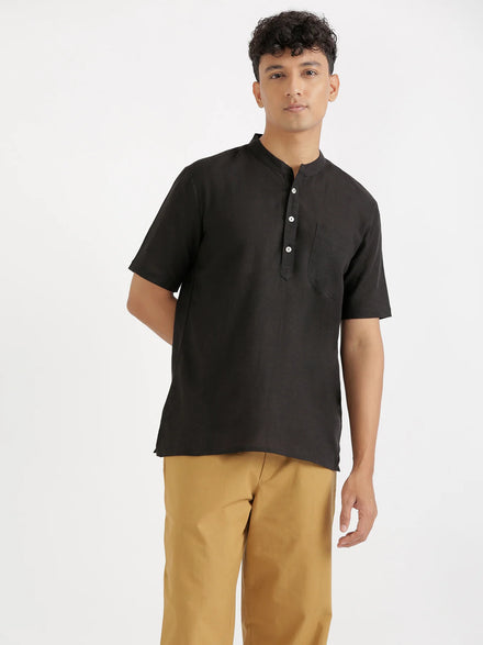 Men Flowy Linen Half Sleeve Black Kurta