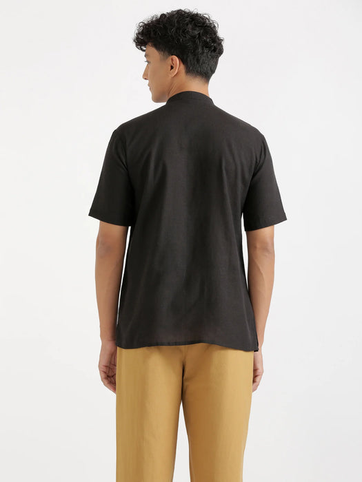 Men Flowy Linen Half Sleeve Black Kurta