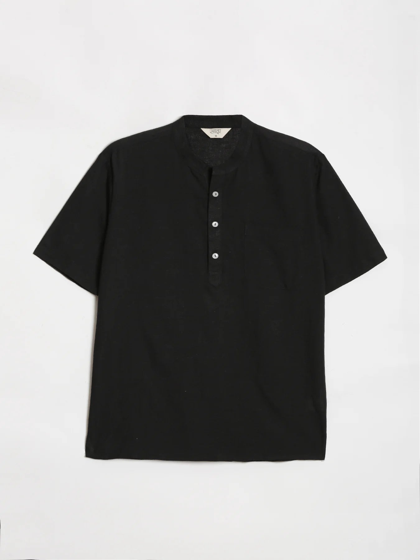 Men Flowy Linen Half Sleeve Black Kurta