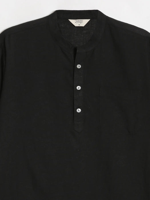 Men Flowy Linen Half Sleeve Black Kurta