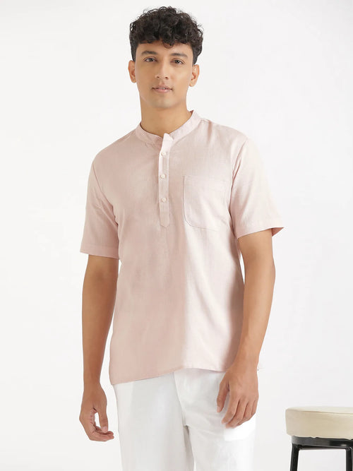 Men Flowy Linen Half Sleeve Blush Pink Kurta