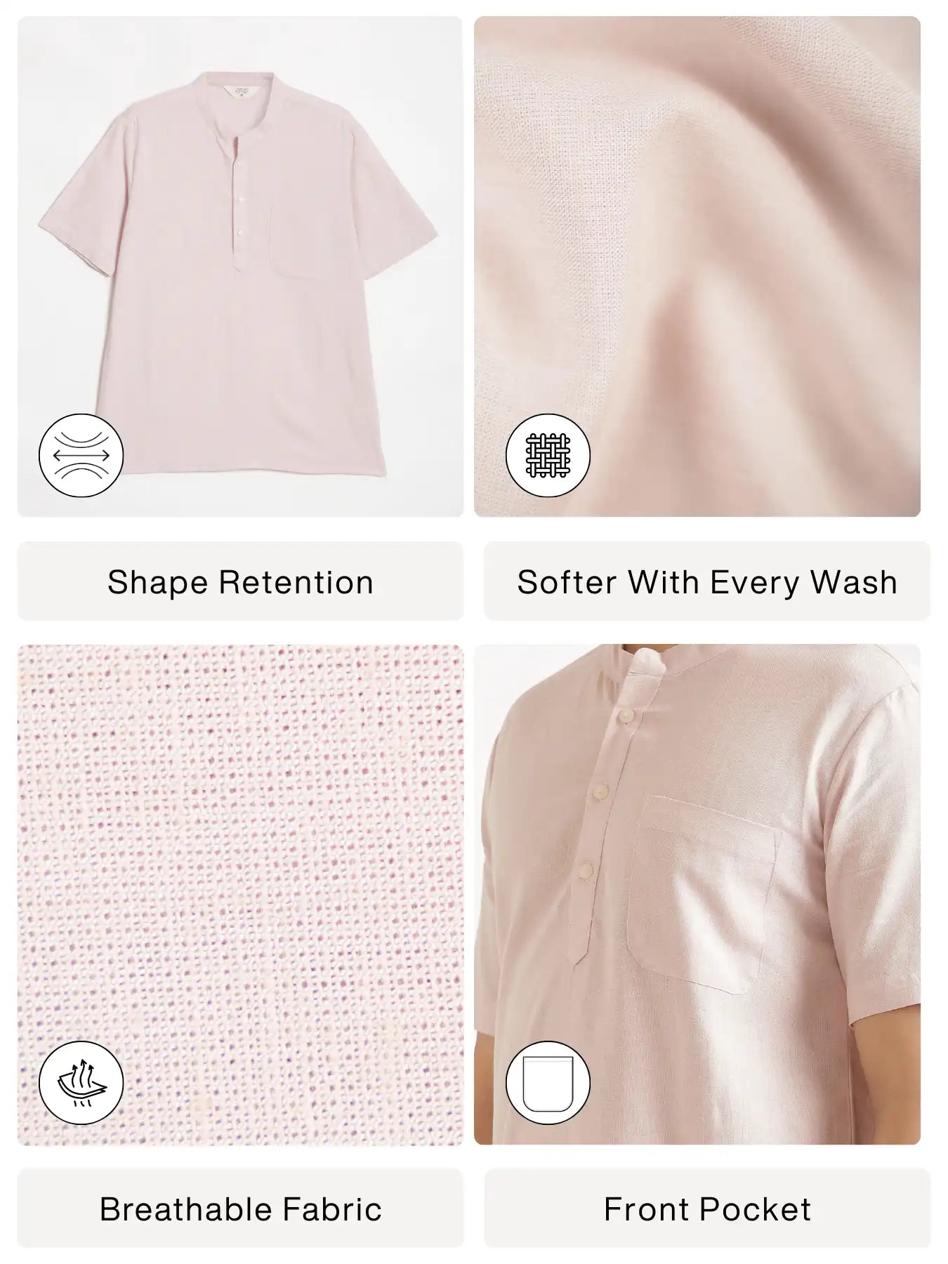 Men Flowy Linen Half Sleeve Blush Pink Kurta