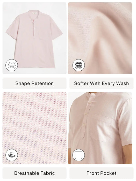 Men Flowy Linen Half Sleeve Blush Pink Kurta