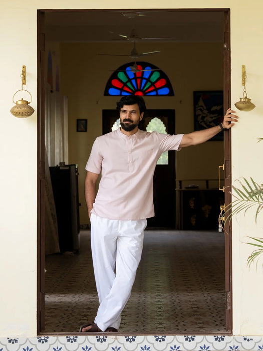 Men Flowy Linen Half Sleeve Blush Pink Kurta