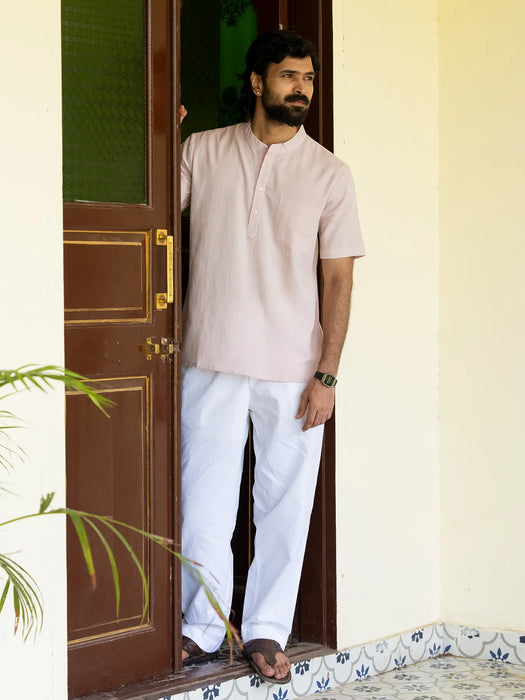 Men Flowy Linen Half Sleeve Blush Pink Kurta