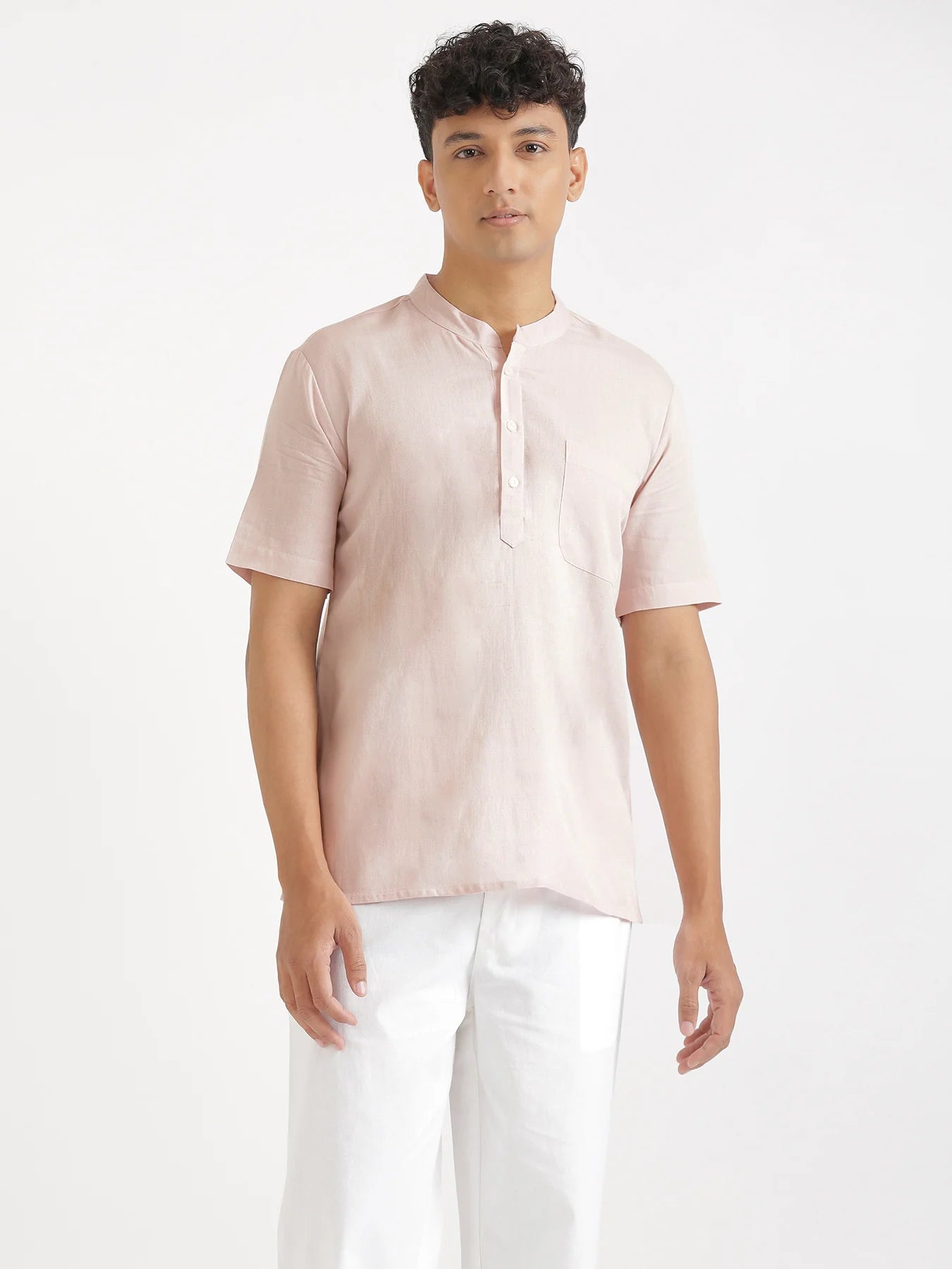 Men Flowy Linen Half Sleeve Blush Pink Kurta