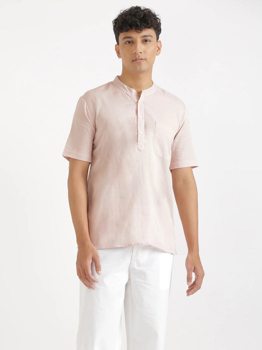 Men Flowy Linen Half Sleeve Blush Pink Kurta