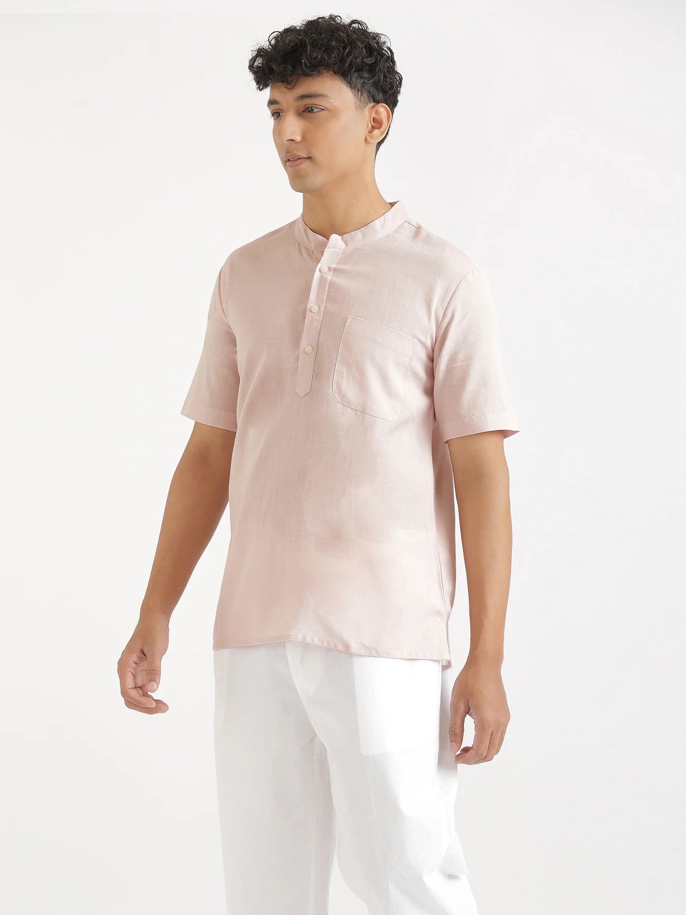 Men Flowy Linen Half Sleeve Blush Pink Kurta