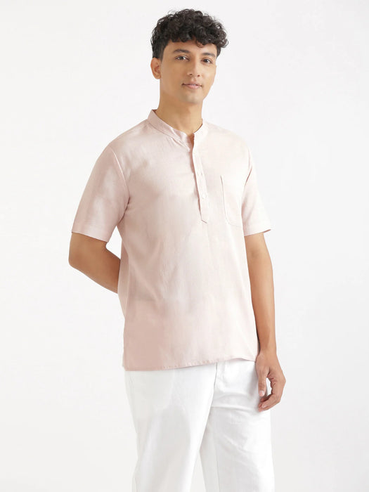 Men Flowy Linen Half Sleeve Blush Pink Kurta
