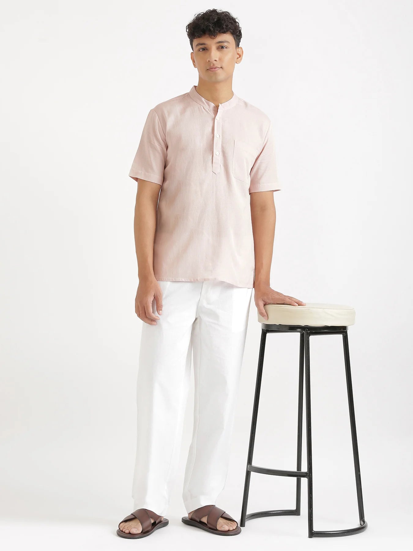 Men Flowy Linen Half Sleeve Blush Pink Kurta