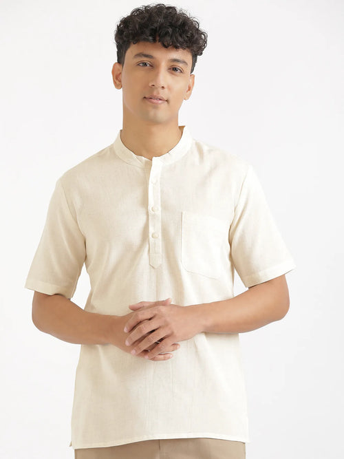 Men Flowy Linen Half Sleeve Ecru Kurta