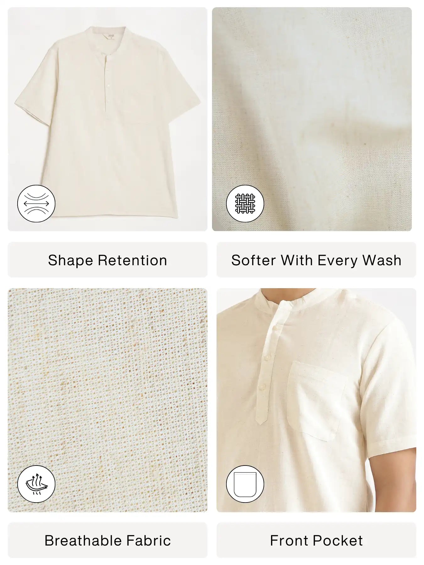 Men Flowy Linen Half Sleeve Ecru Kurta