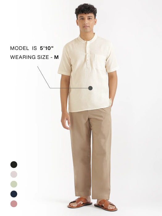 Men Flowy Linen Half Sleeve Ecru Kurta